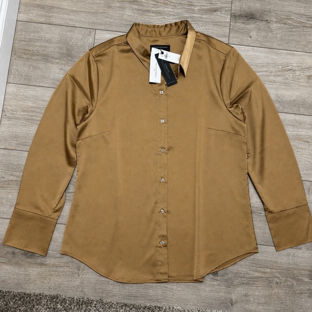 Banana Republic Womens XL Bronze Gold Satin Classic Fit Button Down Blouse‎ NWT